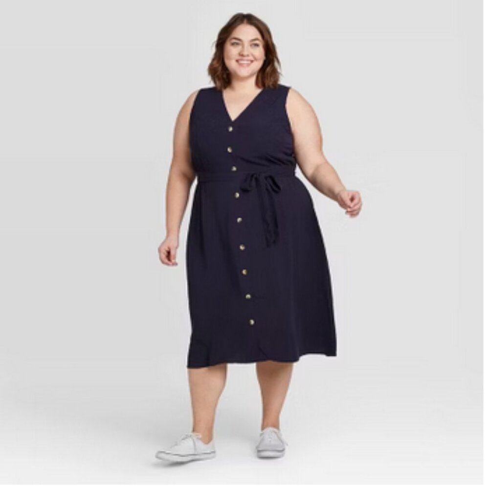 Ava & Viv Sleeveless V-Neck Button-Front Dress Navy 3X